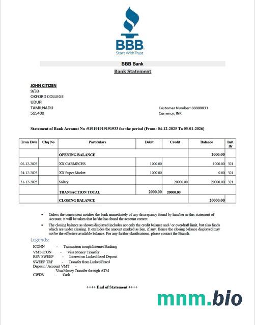 Szablon wyciągu bankowego India Axis, format Word i PDF, 2 strony, Wersja 2